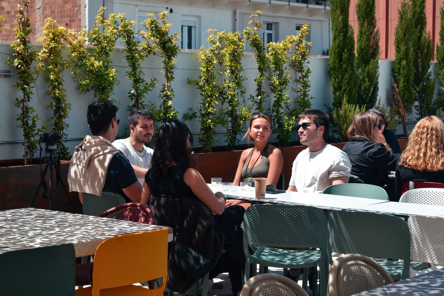 People sitting and talking at outdoor tables in bright sunlight