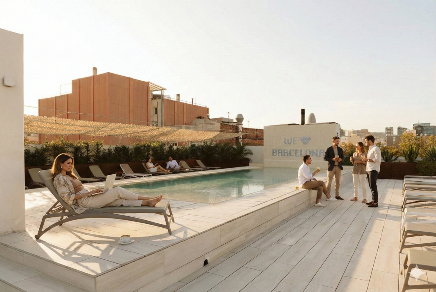 Young adults around the colivng 4th floor pool