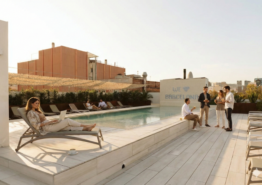 Young adults around the colivng 4th floor pool